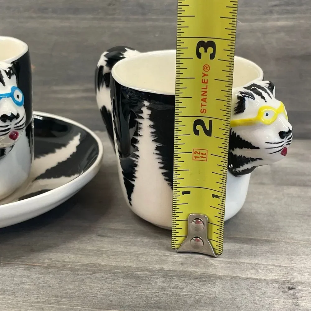 Vintage Tom Hatton Signed Ceramic Striped Cat Teacups Saucer Set 1985 Espresso